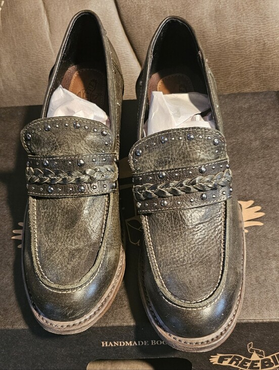 Freebird by Steven Shoes - Women's Freebird Olive Green Leather Loafers with Stud and Braid Detail